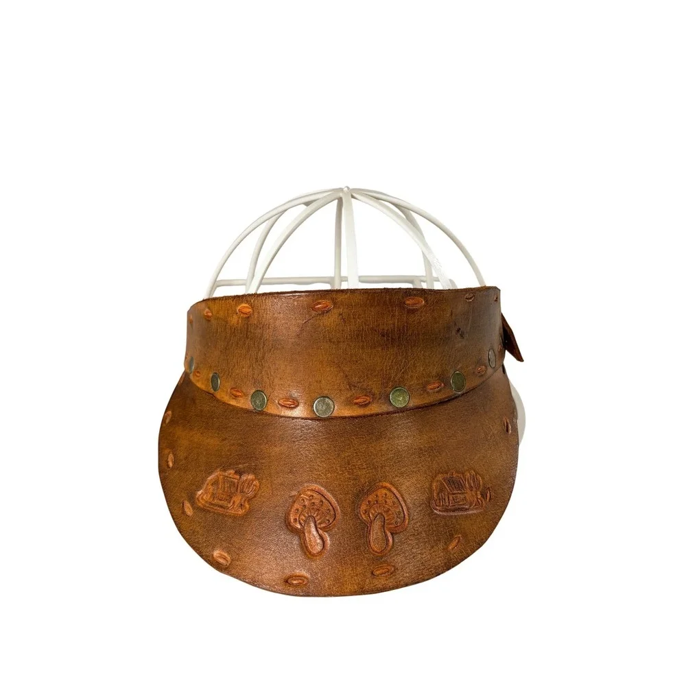 Vintage Hand Tooled Leather Mushroom 70s Visor Boho Hippie Mexico Adjustable Hat